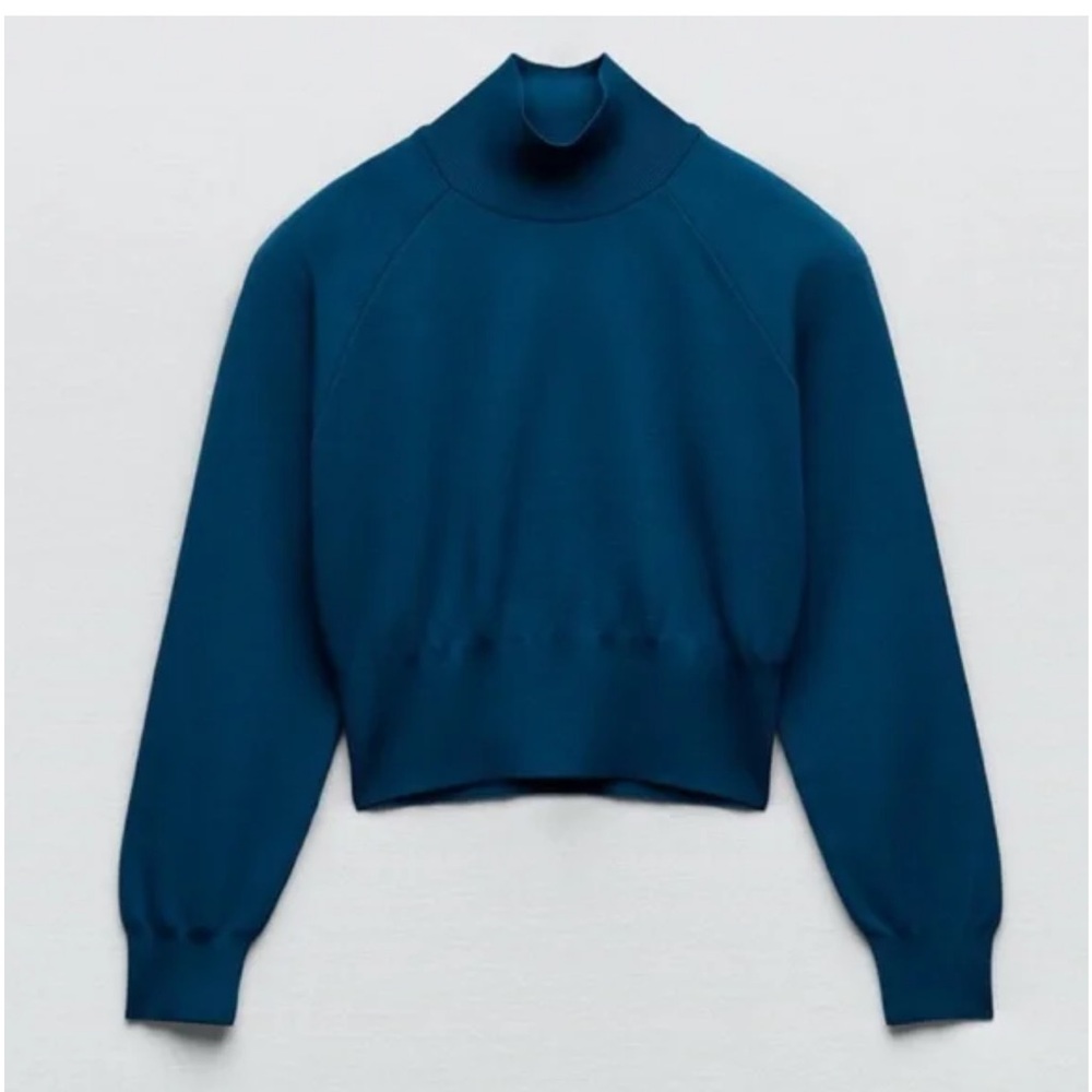 Zara Blue Mock Neck Shoulder Pad Knit Sweater